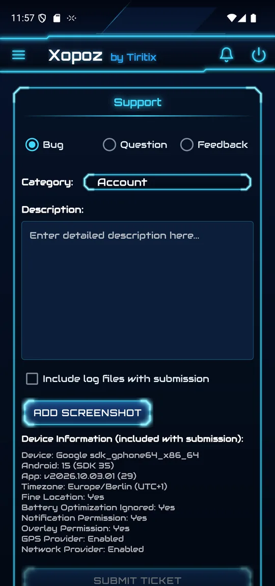New support ticket form with Bug, Question and Feedback options, category, description, log option, screenshot button and device information