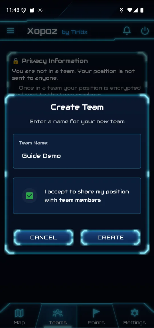 Create Team dialog with team name field and privacy agreement checkbox