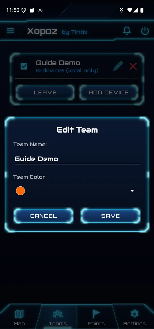 Edit Team dialog with team name and colour selector set to orange