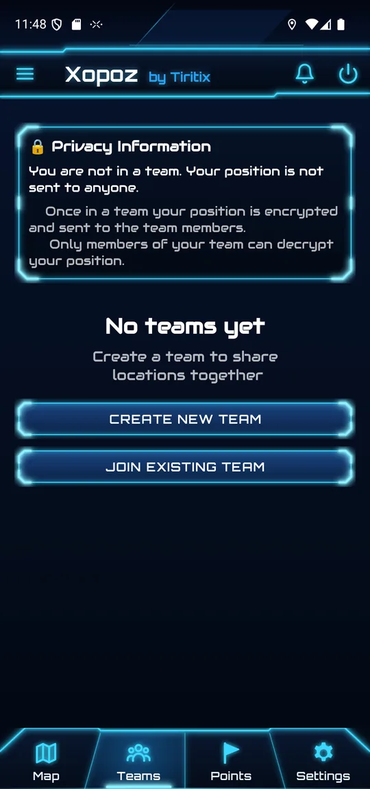 Teams tab without any team: privacy information, No teams yet, Create New Team and Join Existing Team buttons