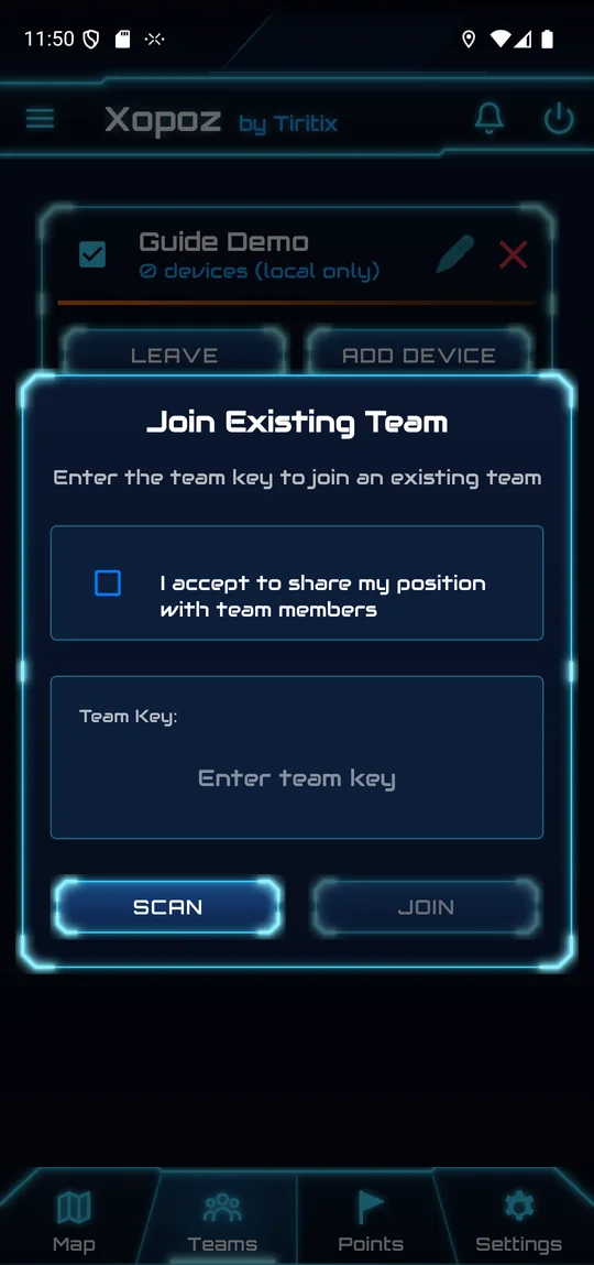 Join Existing Team dialog with privacy agreement checkbox, team key field, Scan and Join buttons