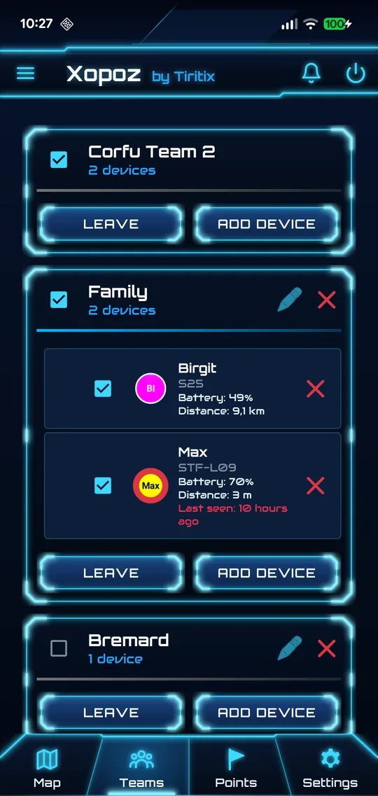 Teams tab with three team cards; the Family card is expanded and lists the devices of Birgit (BI) and Max with battery, distance and last seen
