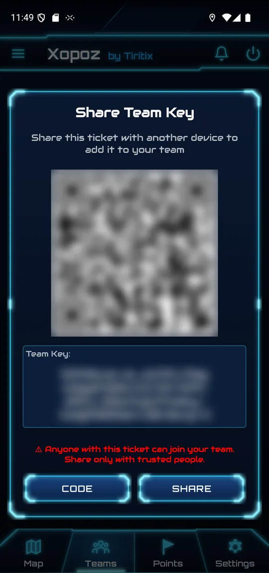 Share Team Key dialog showing a QR code (blurred) above the ticket text