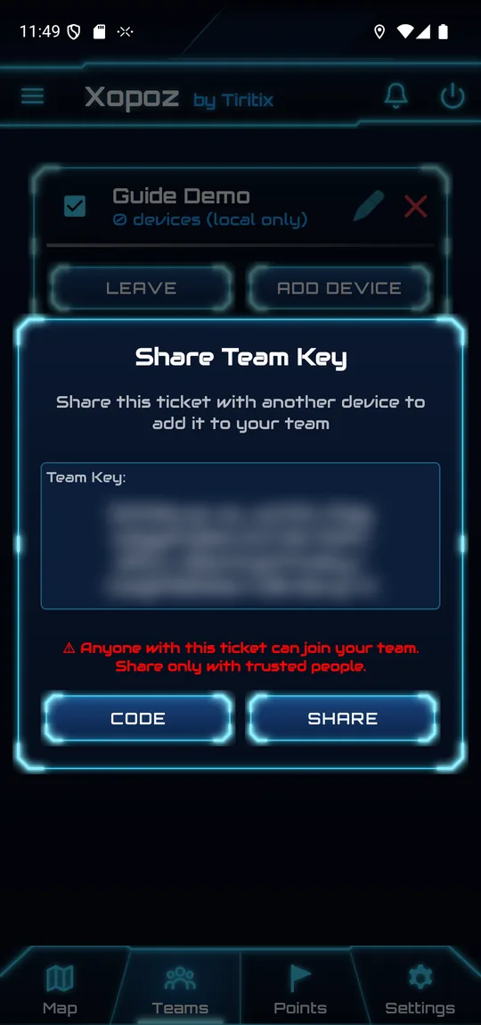 Share Team Key dialog with the ticket text (blurred), warning and Code and Share buttons