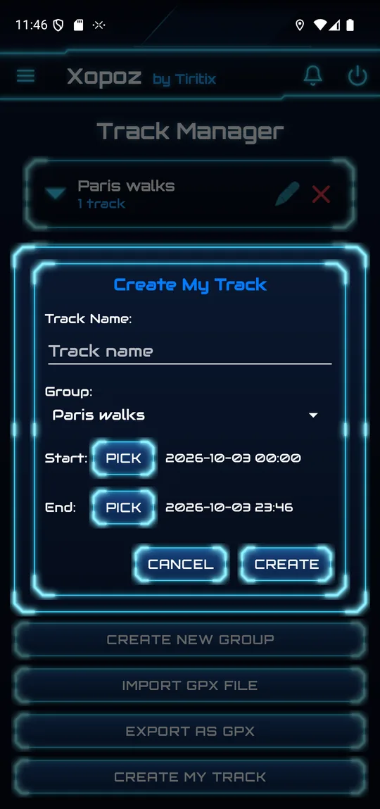 Create My Track dialog with track name, group, start and end date-time pickers, Cancel and Create buttons
