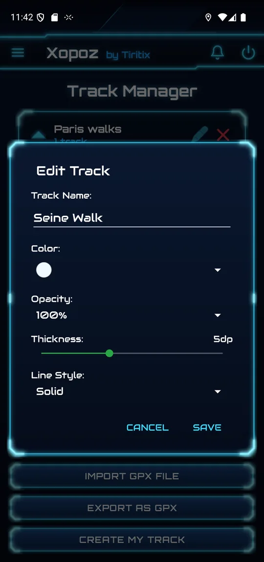 Edit Track dialog: track name Seine Walk, colour white, opacity 100%, thickness 5dp, line style Solid
