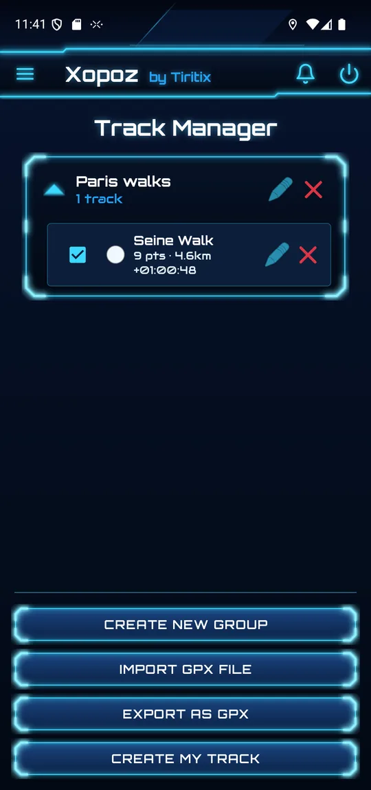Track Manager with the group Paris walks expanded, showing the track Seine Walk: 9 points, 4.6 km, duration 1 hour 48 seconds; buttons Create New Group, Import GPX File, Export as GPX, Create My Track