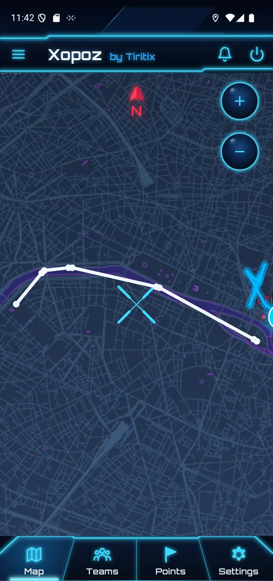 The Seine Walk track drawn as a white line with point markers along the river Seine in Paris